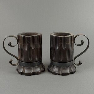 Hand Carved medieval style Wooden Mugs/candle holders with wrought Iron handles